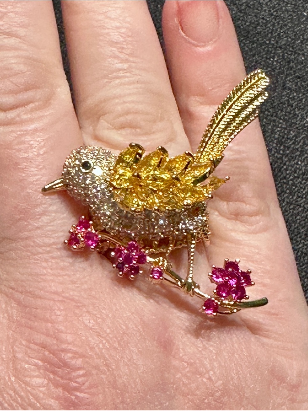 18K Gold Plated Crystal Bird Ring with Pink Flower Accents